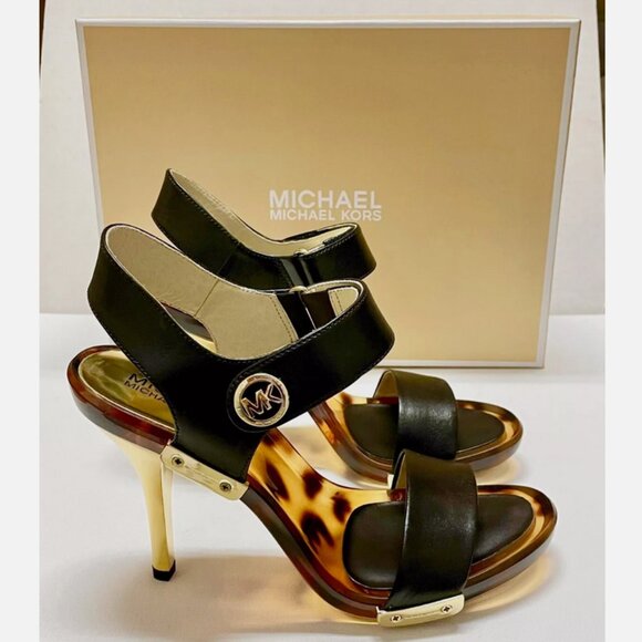 NEW MICHAEL KORS LANI SANDALS BLACK LEATHER 4" HEELS GOLD TORTOISE SHELL PUMPS 7 - Picture 4 of 13